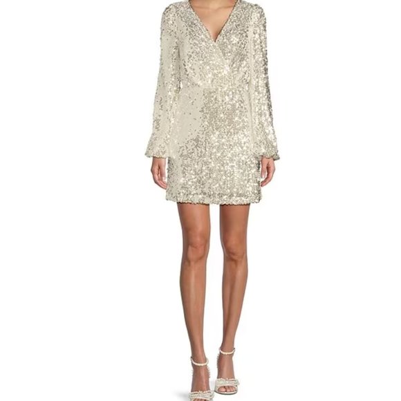 NWT WAYF - Sequin V-Neck Long Sleeve Mini Dress - Picture 1 of 8